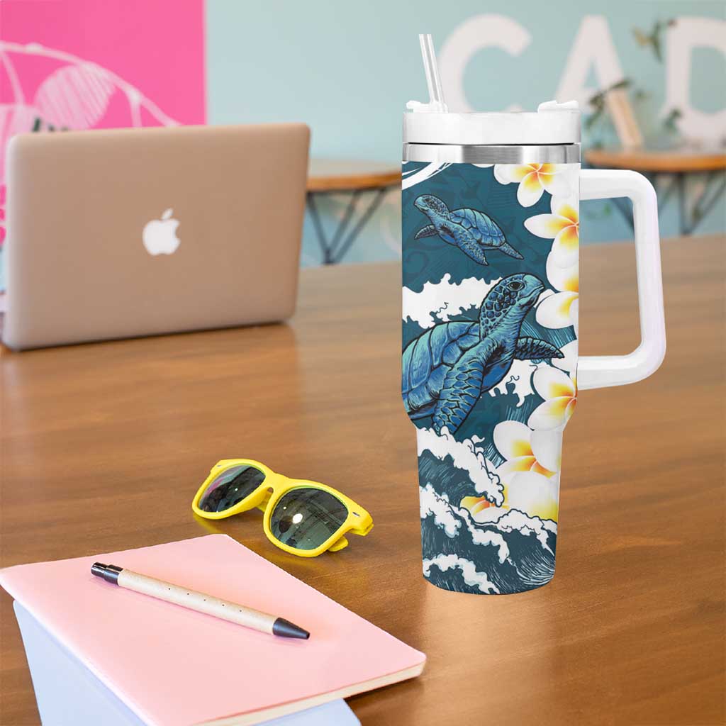 Dark Teal Polynesia Tumbler With Handle Polynesian Frangipani With Sea Turtles