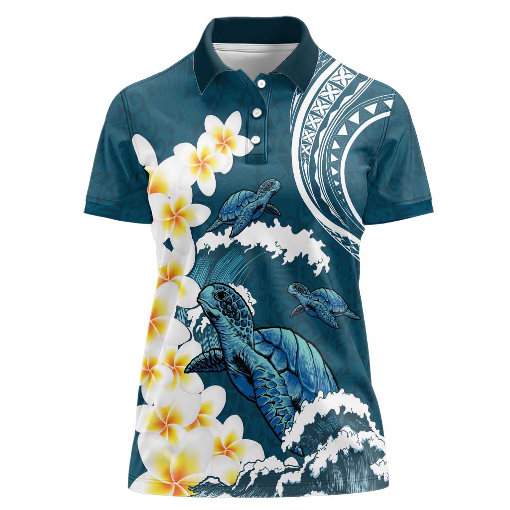 Dark Teal Polynesia Women Polo Shirt Polynesian Frangipani With Sea Turtles
