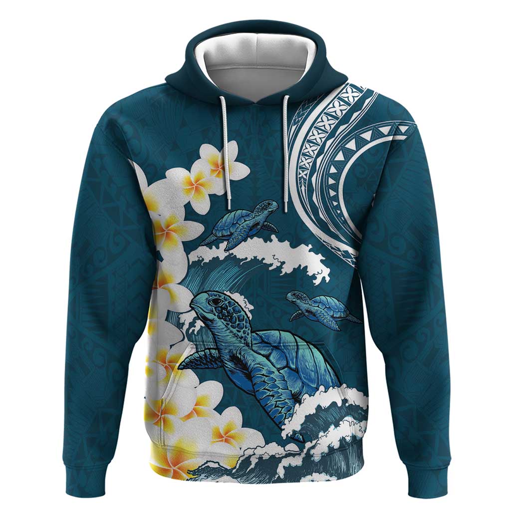 Dark Teal Polynesia Zip Hoodie Polynesian Frangipani With Sea Turtles