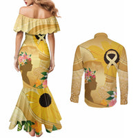 Polynesia Childhood Cancer Awareness Couples Matching Mermaid Dress and Long Sleeve Button Shirt Be Bold Go Gold Polynesian Art