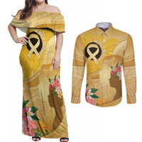 Polynesia Childhood Cancer Awareness Couples Matching Off Shoulder Maxi Dress and Long Sleeve Button Shirt Be Bold Go Gold Polynesian Art