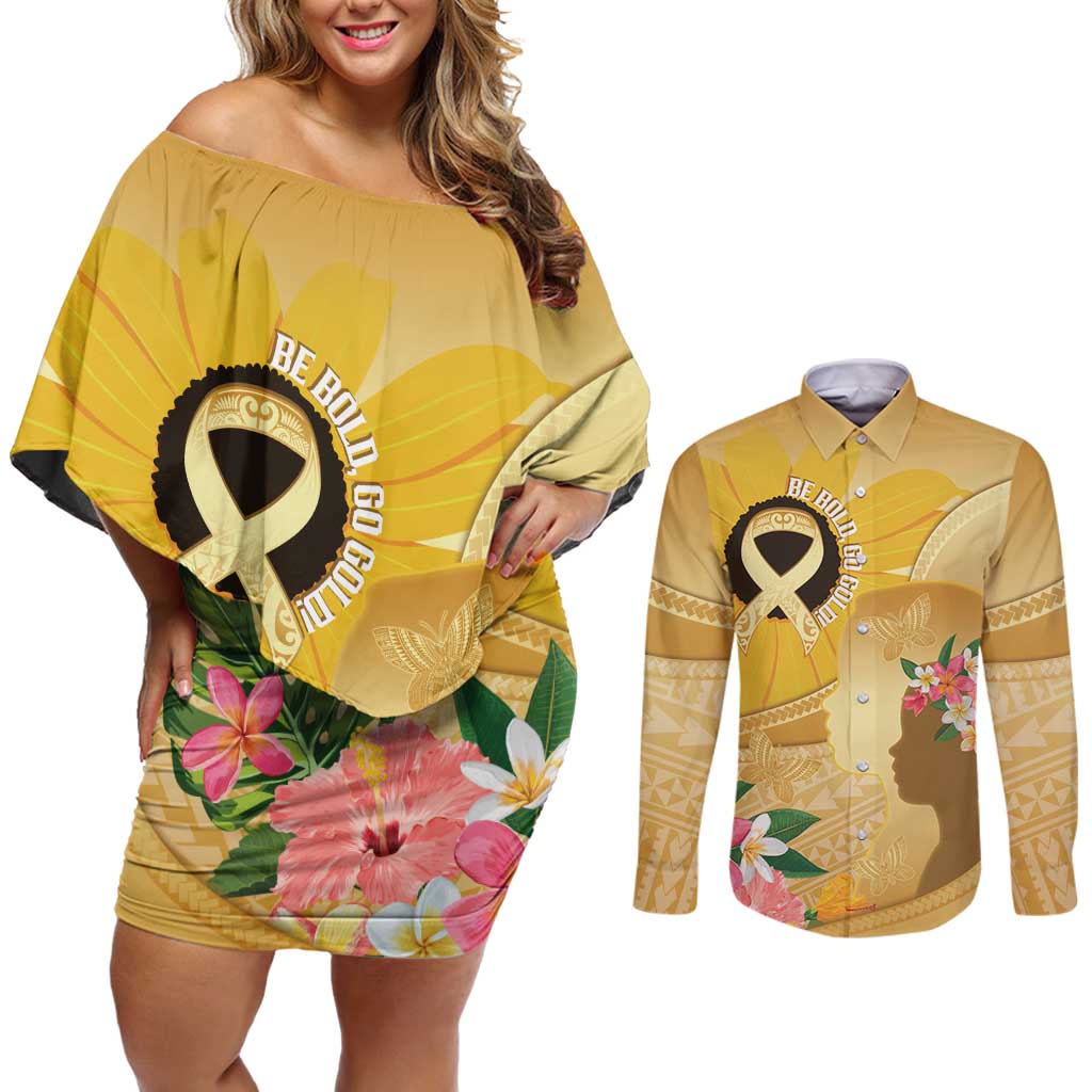 Polynesia Childhood Cancer Awareness Couples Matching Off Shoulder Short Dress and Long Sleeve Button Shirt Be Bold Go Gold Polynesian Art