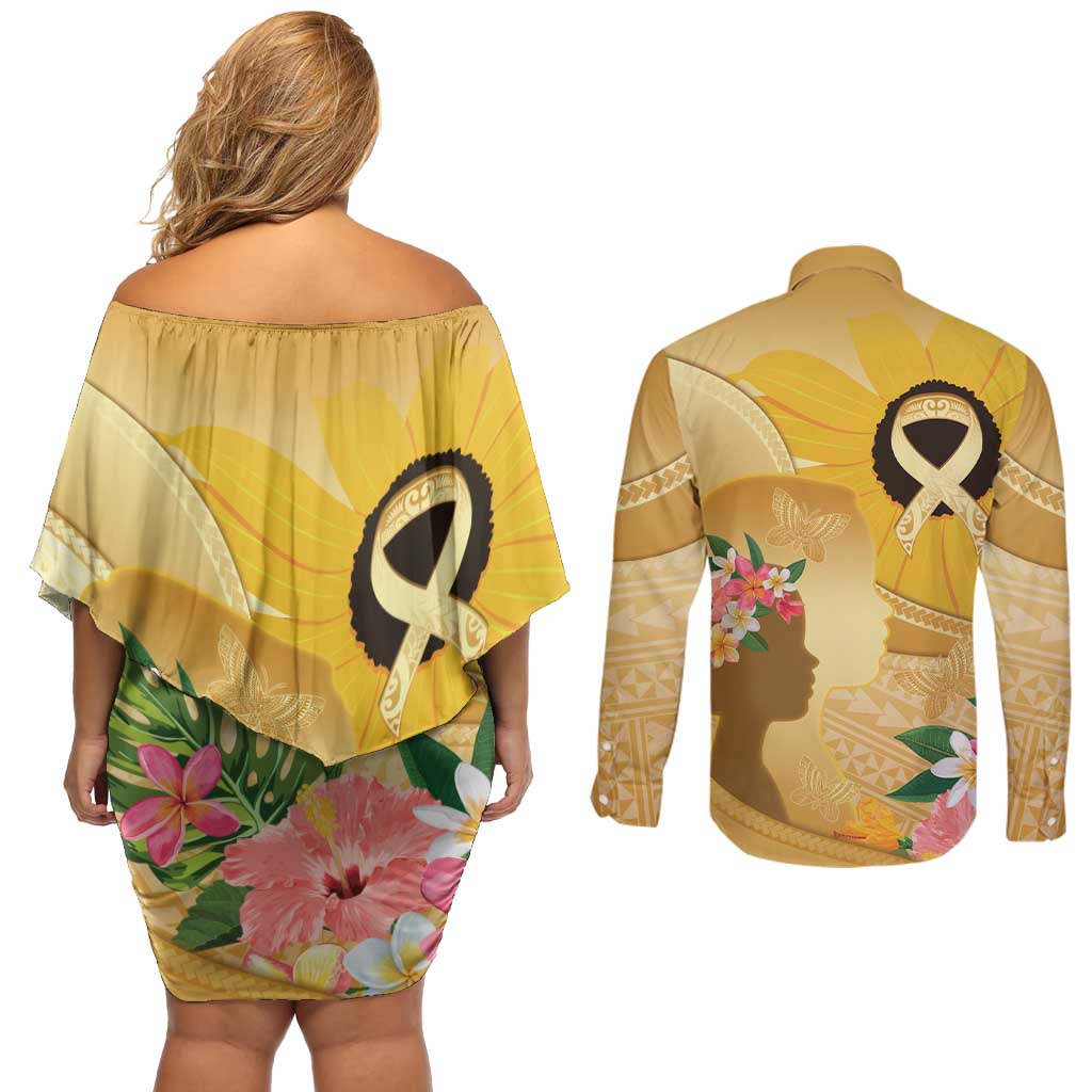 Polynesia Childhood Cancer Awareness Couples Matching Off Shoulder Short Dress and Long Sleeve Button Shirt Be Bold Go Gold Polynesian Art