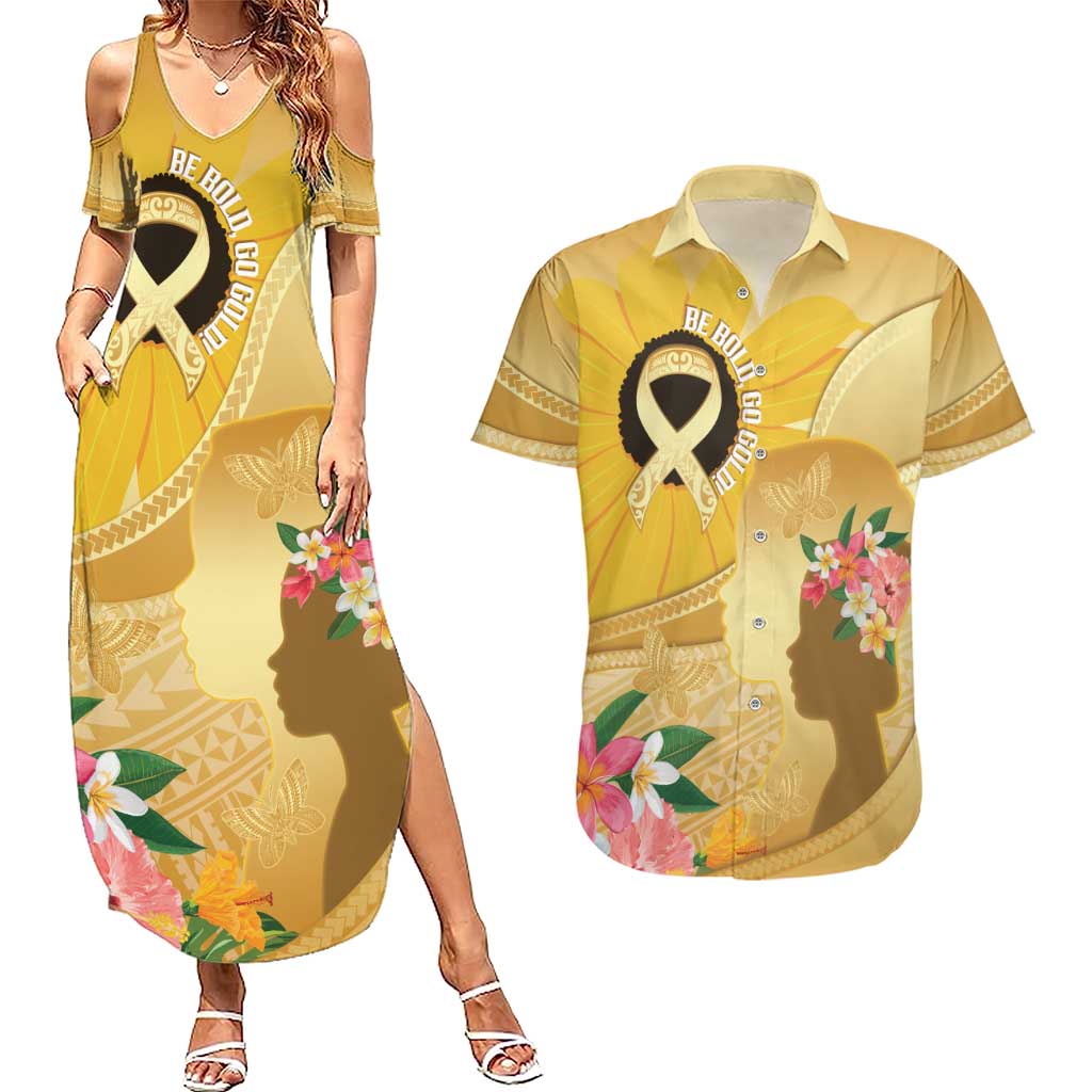 Polynesia Childhood Cancer Awareness Couples Matching Summer Maxi Dress and Hawaiian Shirt Be Bold Go Gold Polynesian Art