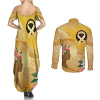 Polynesia Childhood Cancer Awareness Couples Matching Summer Maxi Dress and Long Sleeve Button Shirt Be Bold Go Gold Polynesian Art