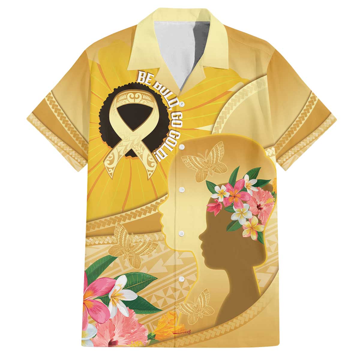 Polynesia Childhood Cancer Awareness Family Matching Off The Shoulder Long Sleeve Dress and Hawaiian Shirt Be Bold Go Gold Polynesian Art
