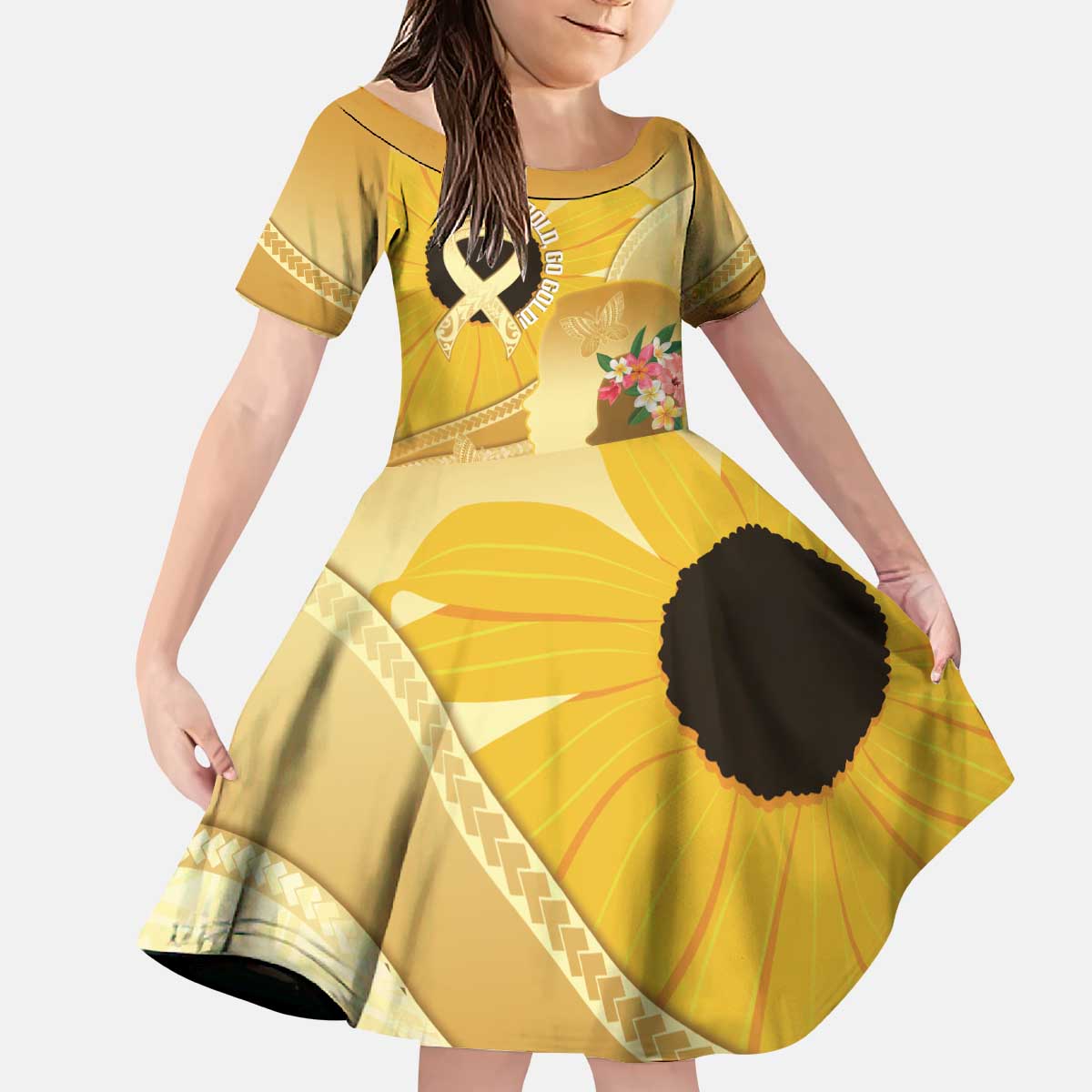 Polynesia Childhood Cancer Awareness Kid Short Sleeve Dress Be Bold Go Gold Polynesian Art