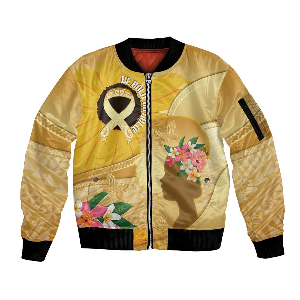 Polynesia Childhood Cancer Awareness Sleeve Zip Bomber Jacket Be Bold Go Gold Polynesian Art