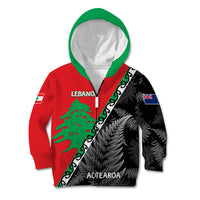 New Zealand And Lebanon Kid Hoodie Silver Fern Maori With Cedar Tree Together LT14 Zip Hoodie Red - Polynesian Pride
