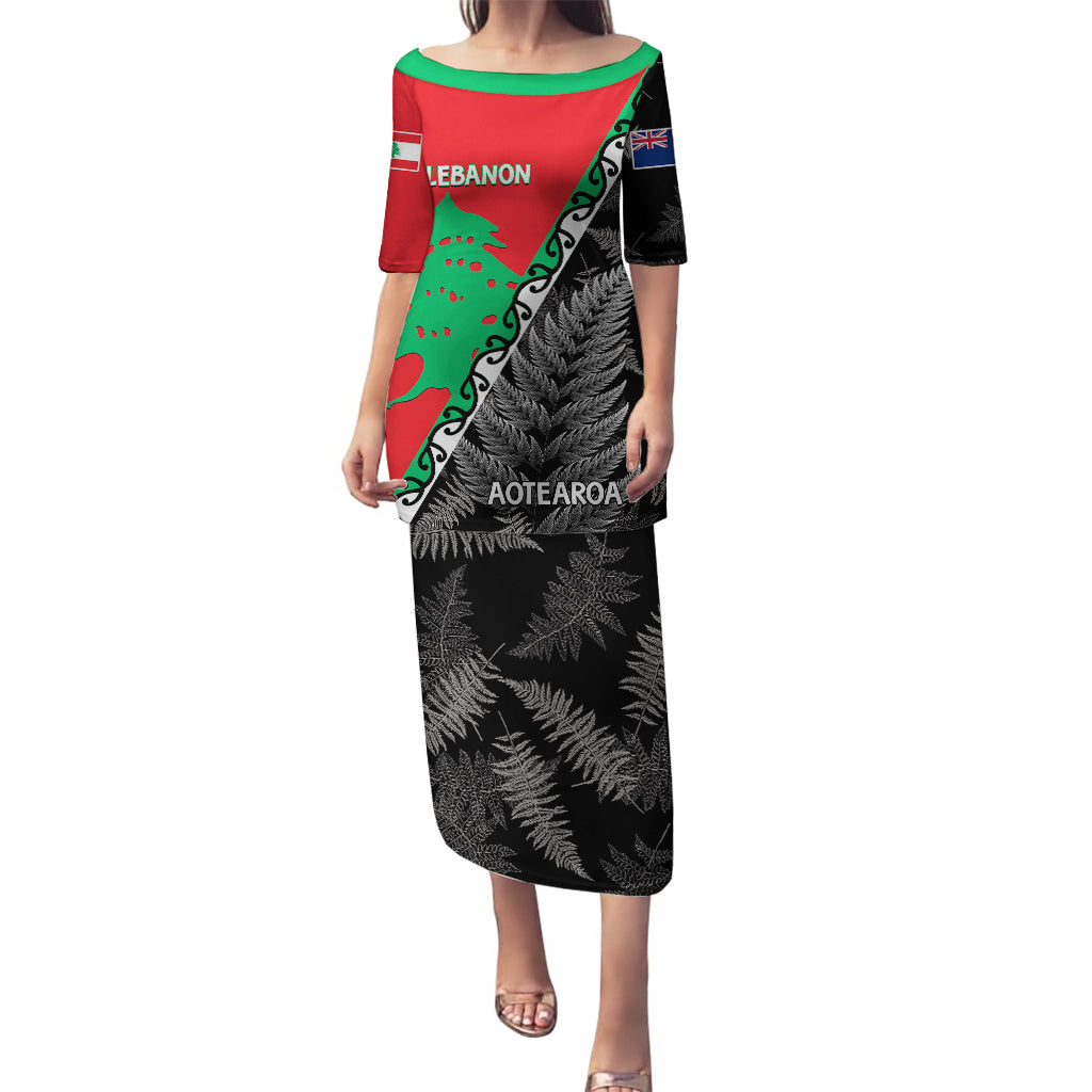 New Zealand And Lebanon Puletasi Silver Fern Maori With Cedar Tree Together LT14 Long Dress Red - Polynesian Pride