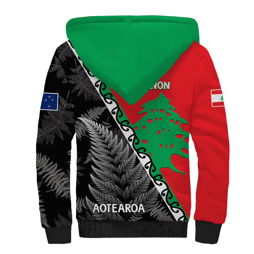 New Zealand And Lebanon Sherpa Hoodie Silver Fern Maori With Cedar Tree Together LT14 - Polynesian Pride