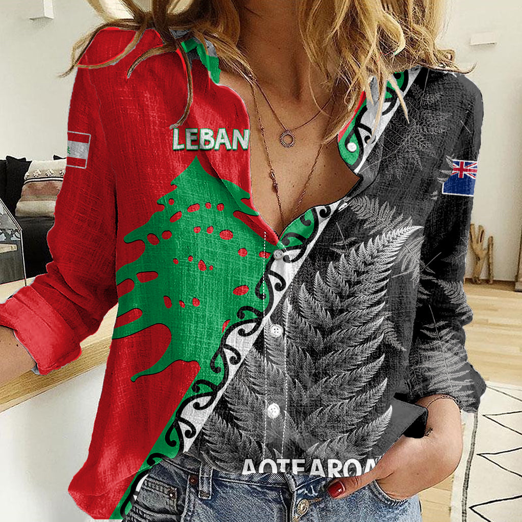 New Zealand And Lebanon Women Casual Shirt Silver Fern Maori With Cedar Tree Together LT14 Female Red - Polynesian Pride
