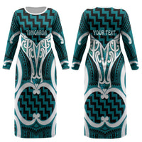 Aotearoa Atua Tangaroa Personalised Couples Matching Long Sleeve Bodycon Dress and Hawaiian Shirt God Of The Sea Maori Whale Tail Cyan