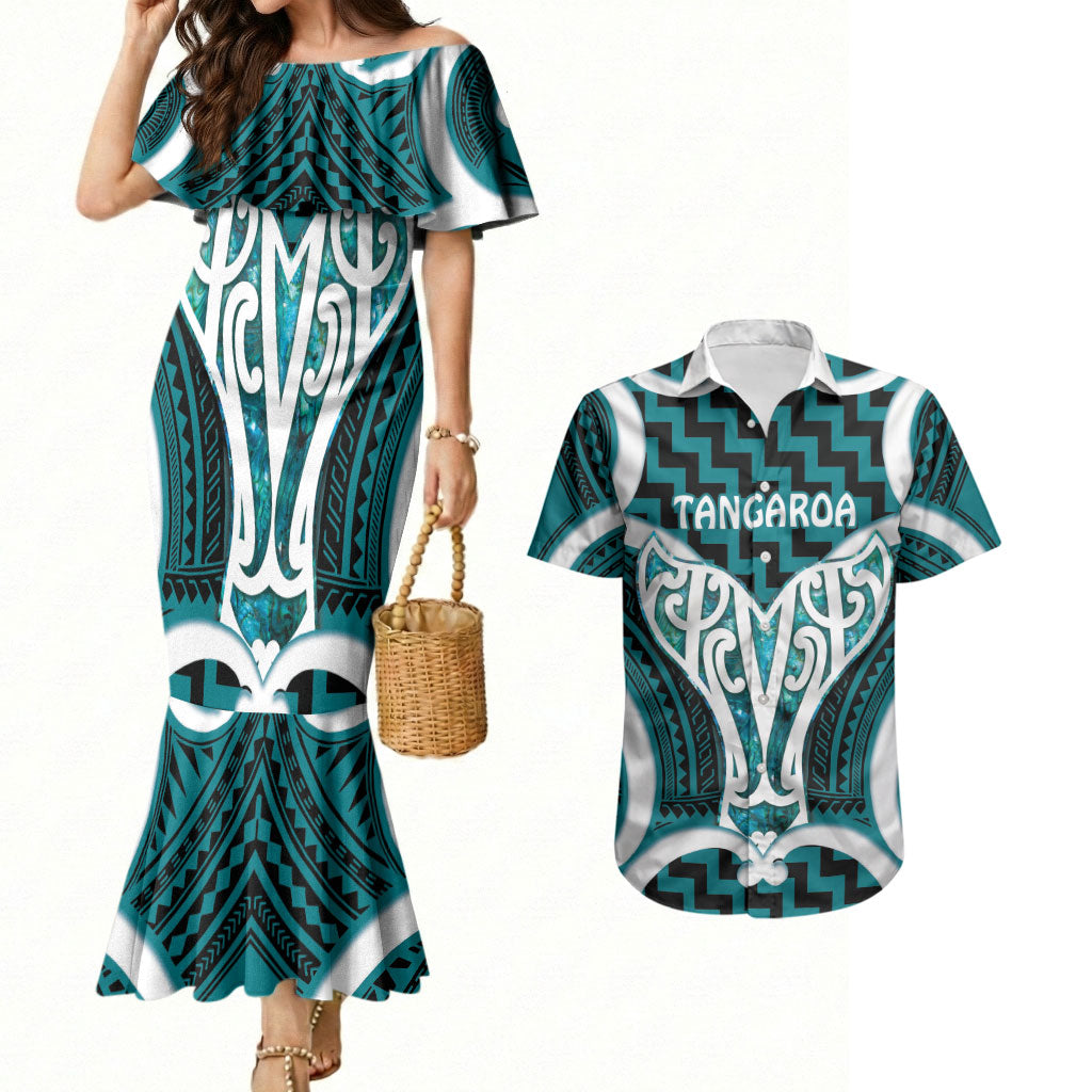 Aotearoa Atua Tangaroa Personalised Couples Matching Mermaid Dress and Hawaiian Shirt God Of The Sea Maori Whale Tail Cyan