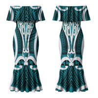 Aotearoa Atua Tangaroa Personalised Couples Matching Mermaid Dress and Hawaiian Shirt God Of The Sea Maori Whale Tail Cyan