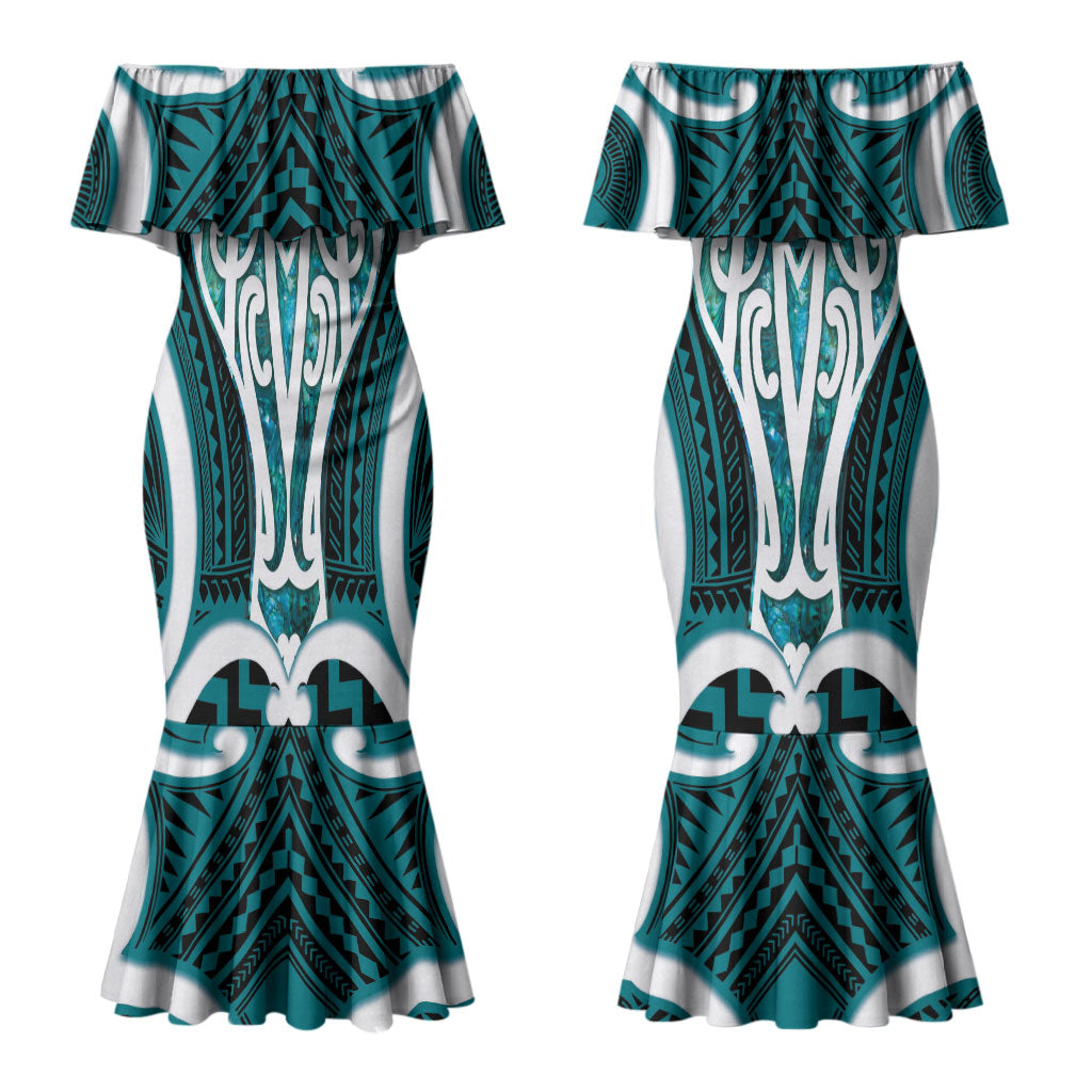 Aotearoa Atua Tangaroa Personalised Couples Matching Mermaid Dress and Long Sleeve Button Shirt God Of The Sea Maori Whale Tail Cyan
