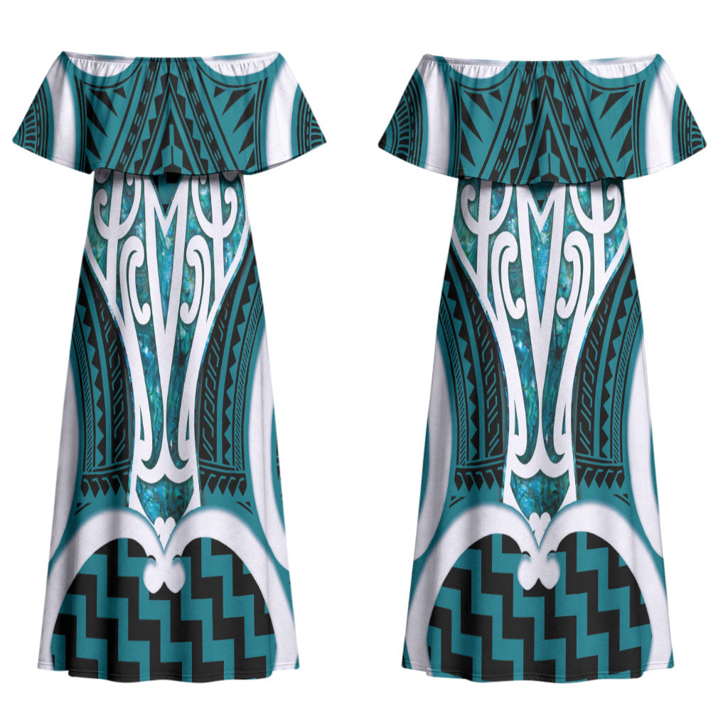 Aotearoa Atua Tangaroa Personalised Couples Matching Off Shoulder Maxi Dress and Hawaiian Shirt God Of The Sea Maori Whale Tail Cyan