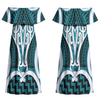 Aotearoa Atua Tangaroa Personalised Couples Matching Off Shoulder Maxi Dress and Hawaiian Shirt God Of The Sea Maori Whale Tail Cyan