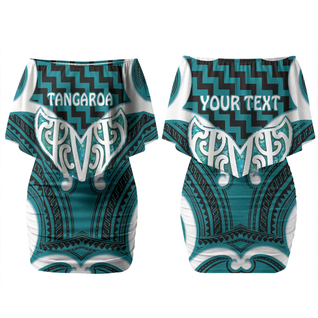 Aotearoa Atua Tangaroa Personalised Couples Matching Off Shoulder Short Dress and Hawaiian Shirt God Of The Sea Maori Whale Tail Cyan