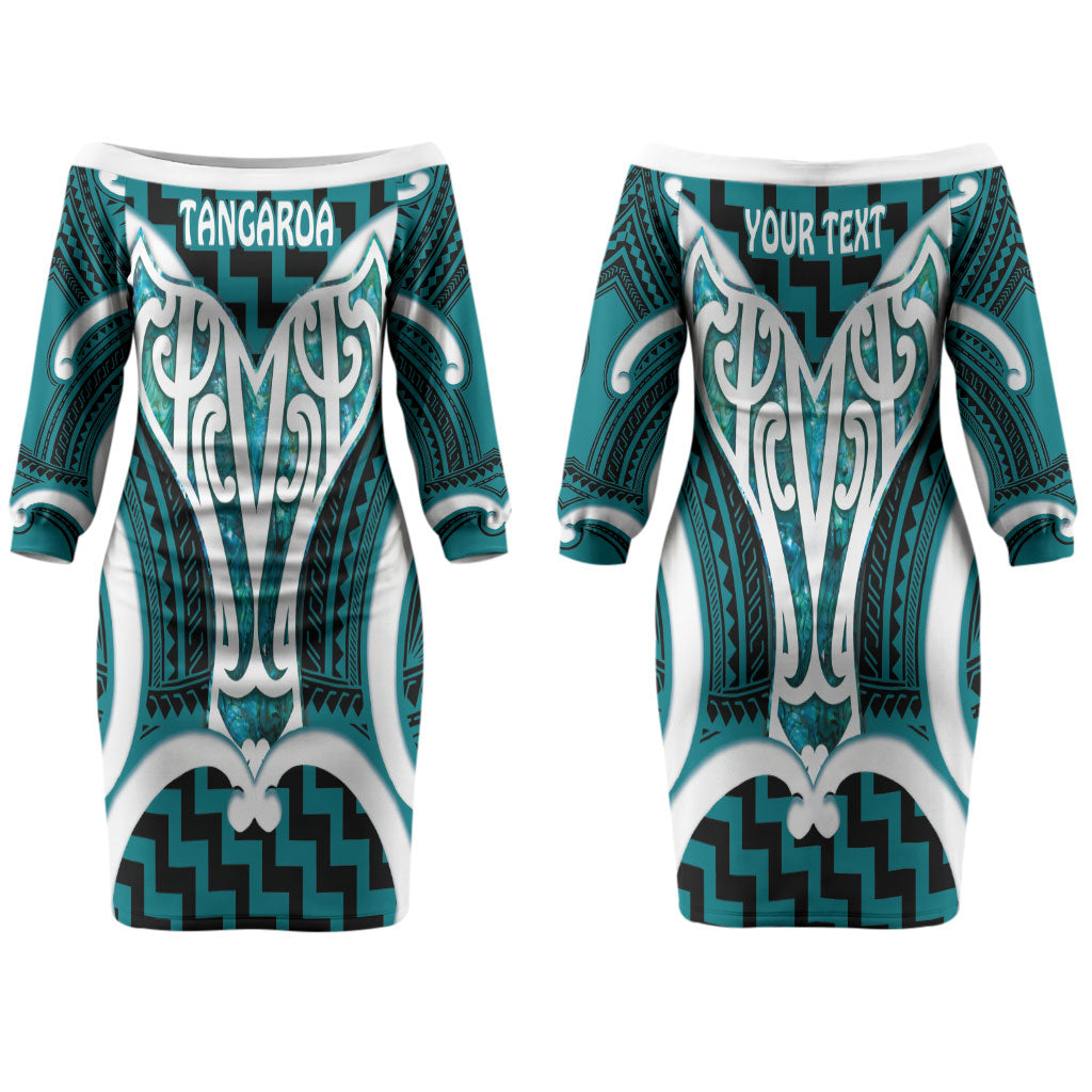 Aotearoa Atua Tangaroa Personalised Couples Matching Off The Shoulder Long Sleeve Dress and Hawaiian Shirt God Of The Sea Maori Whale Tail Cyan