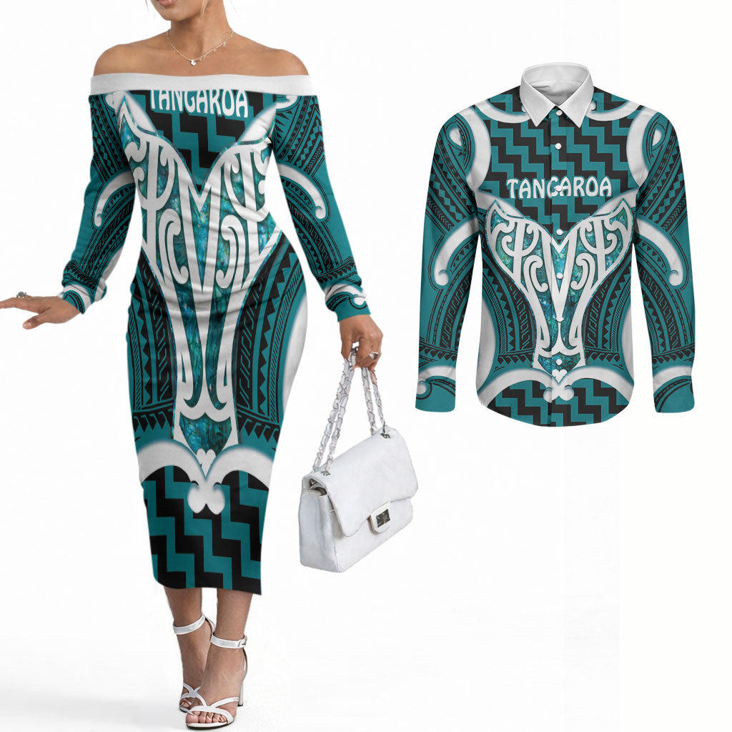 Aotearoa Atua Tangaroa Personalised Couples Matching Off The Shoulder Long Sleeve Dress and Long Sleeve Button Shirt God Of The Sea Maori Whale Tail Cyan