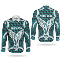 Aotearoa Atua Tangaroa Personalised Couples Matching Off The Shoulder Long Sleeve Dress and Long Sleeve Button Shirt God Of The Sea Maori Whale Tail Cyan