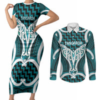 Aotearoa Atua Tangaroa Personalised Couples Matching Short Sleeve Bodycon Dress and Long Sleeve Button Shirt God Of The Sea Maori Whale Tail Cyan