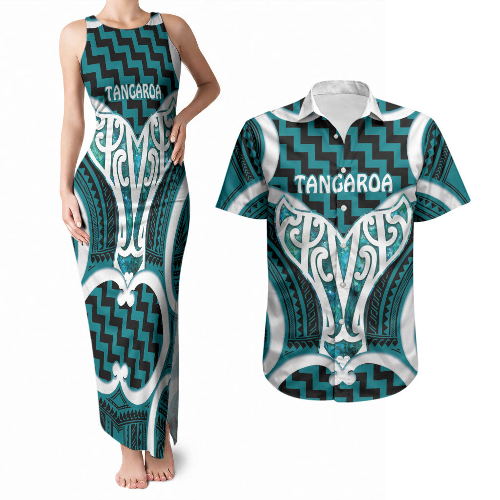 Aotearoa Atua Tangaroa Personalised Couples Matching Tank Maxi Dress and Hawaiian Shirt God Of The Sea Maori Whale Tail Cyan