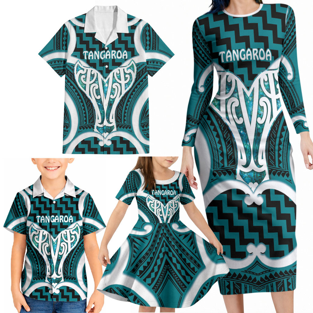 Aotearoa Atua Tangaroa Personalised Family Matching Long Sleeve Bodycon Dress and Hawaiian Shirt God Of The Sea Maori Whale Tail Cyan