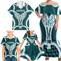 Aotearoa Atua Tangaroa Personalised Family Matching Off Shoulder Maxi Dress and Hawaiian Shirt God Of The Sea Maori Whale Tail Cyan
