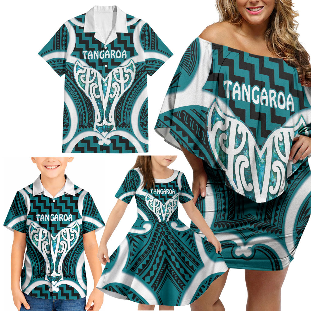 Aotearoa Atua Tangaroa Personalised Family Matching Off Shoulder Short Dress and Hawaiian Shirt God Of The Sea Maori Whale Tail Cyan