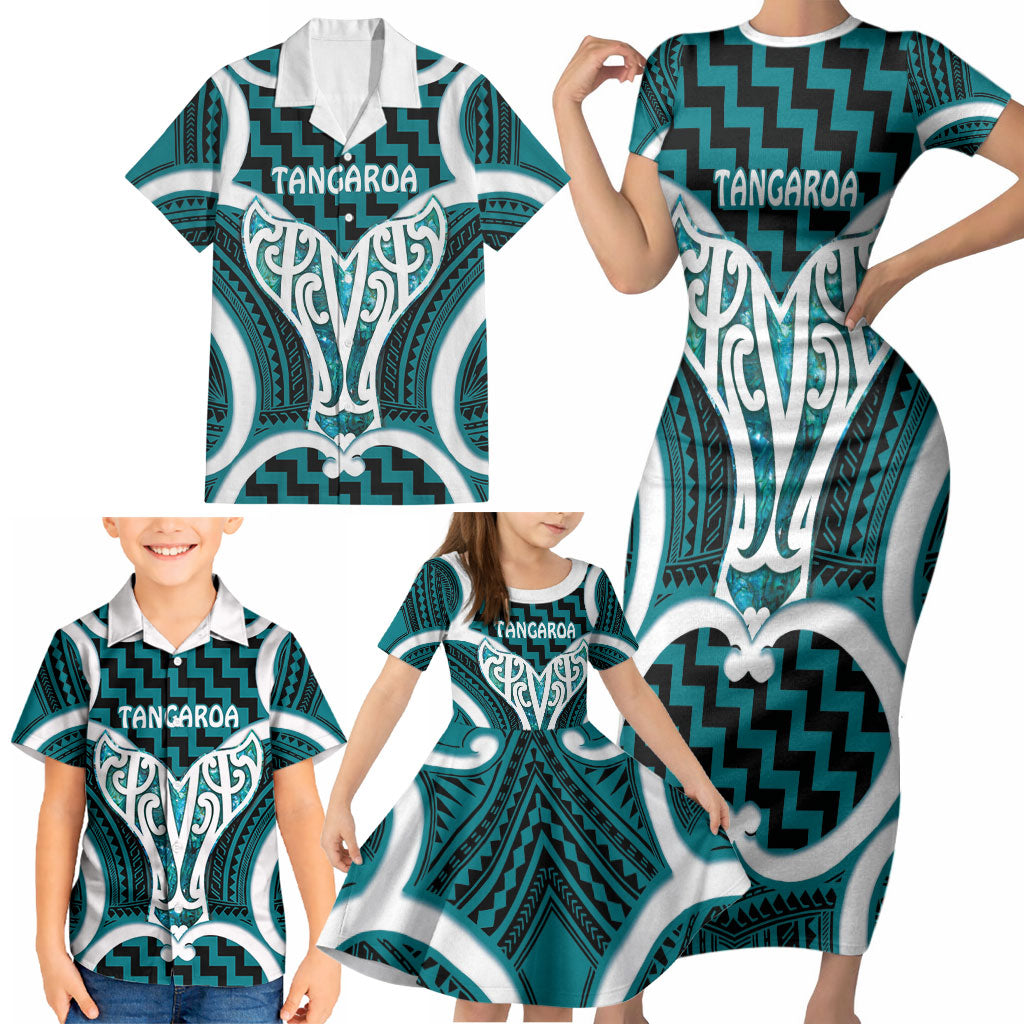 Aotearoa Atua Tangaroa Personalised Family Matching Short Sleeve Bodycon Dress and Hawaiian Shirt God Of The Sea Maori Whale Tail Cyan