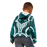 Aotearoa Atua Tangaroa Personalised Kid Hoodie God Of The Sea Maori Whale Tail Cyan