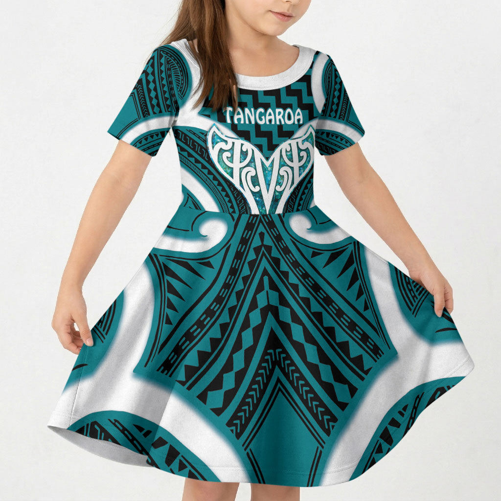 Aotearoa Atua Tangaroa Personalised Kid Short Sleeve Dress God Of The Sea Maori Whale Tail Cyan