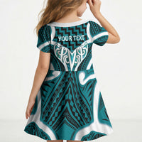 Aotearoa Atua Tangaroa Personalised Kid Short Sleeve Dress God Of The Sea Maori Whale Tail Cyan