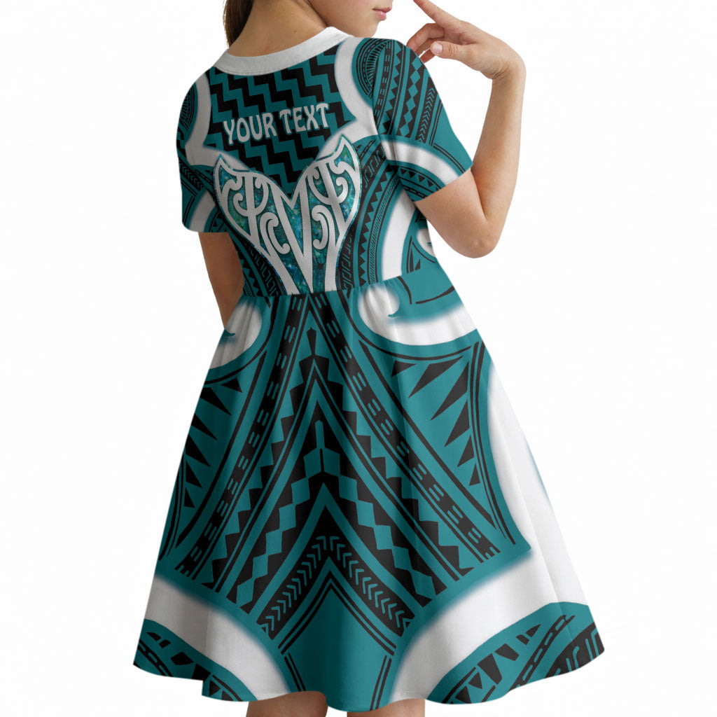Aotearoa Atua Tangaroa Personalised Kid Short Sleeve Dress God Of The Sea Maori Whale Tail Cyan
