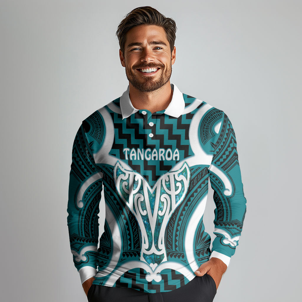 Aotearoa Atua Tangaroa Personalised Long Sleeve Polo Shirt God Of The Sea Maori Whale Tail Cyan