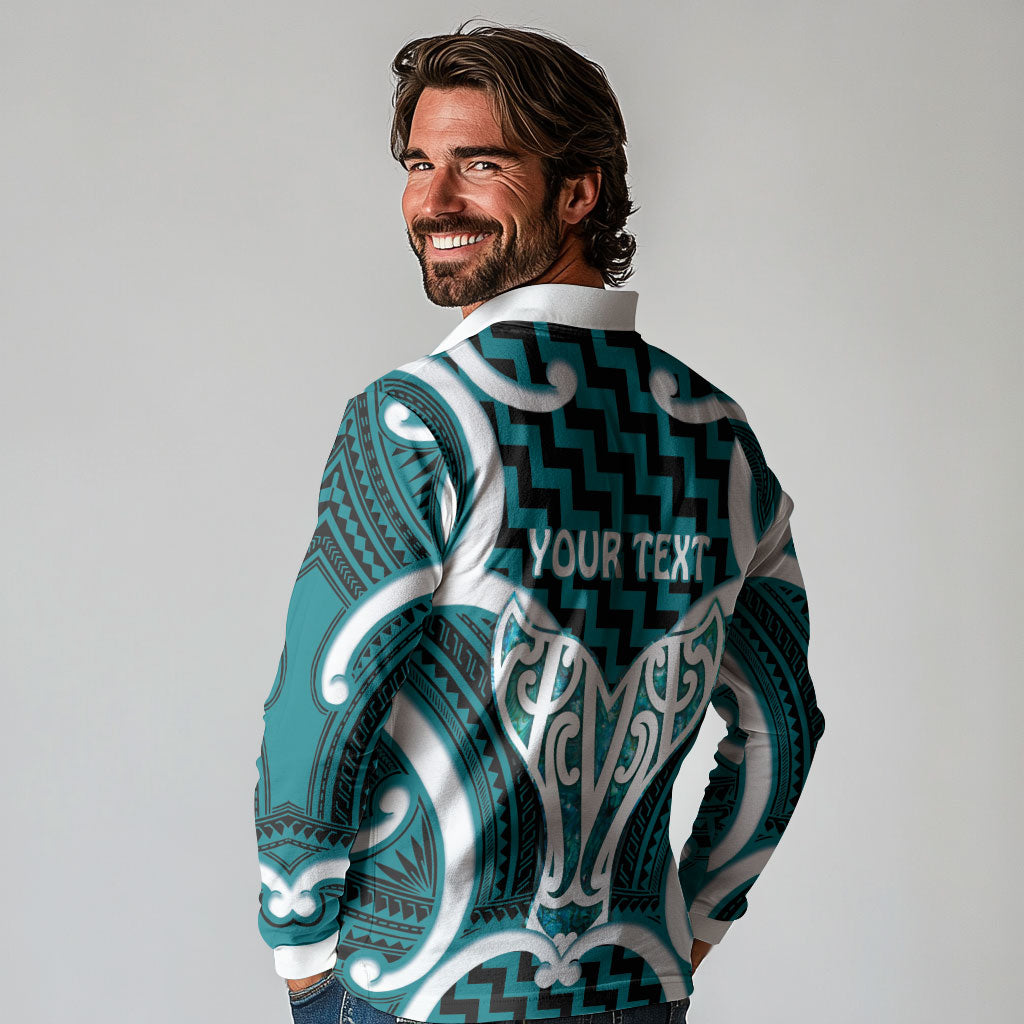 Aotearoa Atua Tangaroa Personalised Long Sleeve Polo Shirt God Of The Sea Maori Whale Tail Cyan