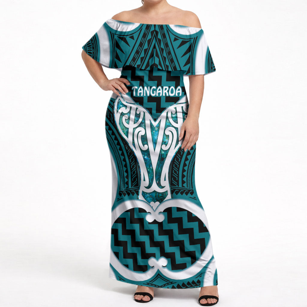 Aotearoa Atua Tangaroa Personalised Off Shoulder Maxi Dress God Of The Sea Maori Whale Tail Cyan