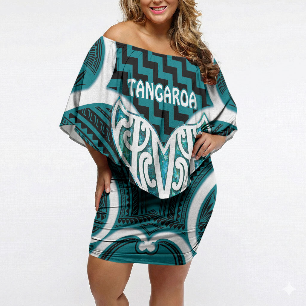 Aotearoa Atua Tangaroa Personalised Off Shoulder Short Dress God Of The Sea Maori Whale Tail Cyan