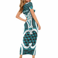 Aotearoa Atua Tangaroa Personalised Short Sleeve Bodycon Dress God Of The Sea Maori Whale Tail Cyan