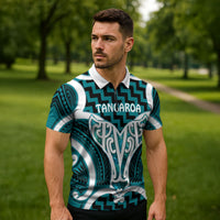Aotearoa Atua Tangaroa Personalised Zipper Polo Shirt God Of The Sea Maori Whale Tail Cyan