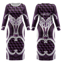 Aotearoa Atua Tangaroa Personalised Couples Matching Long Sleeve Bodycon Dress and Hawaiian Shirt God Of The Sea Maori Whale Tail Purple