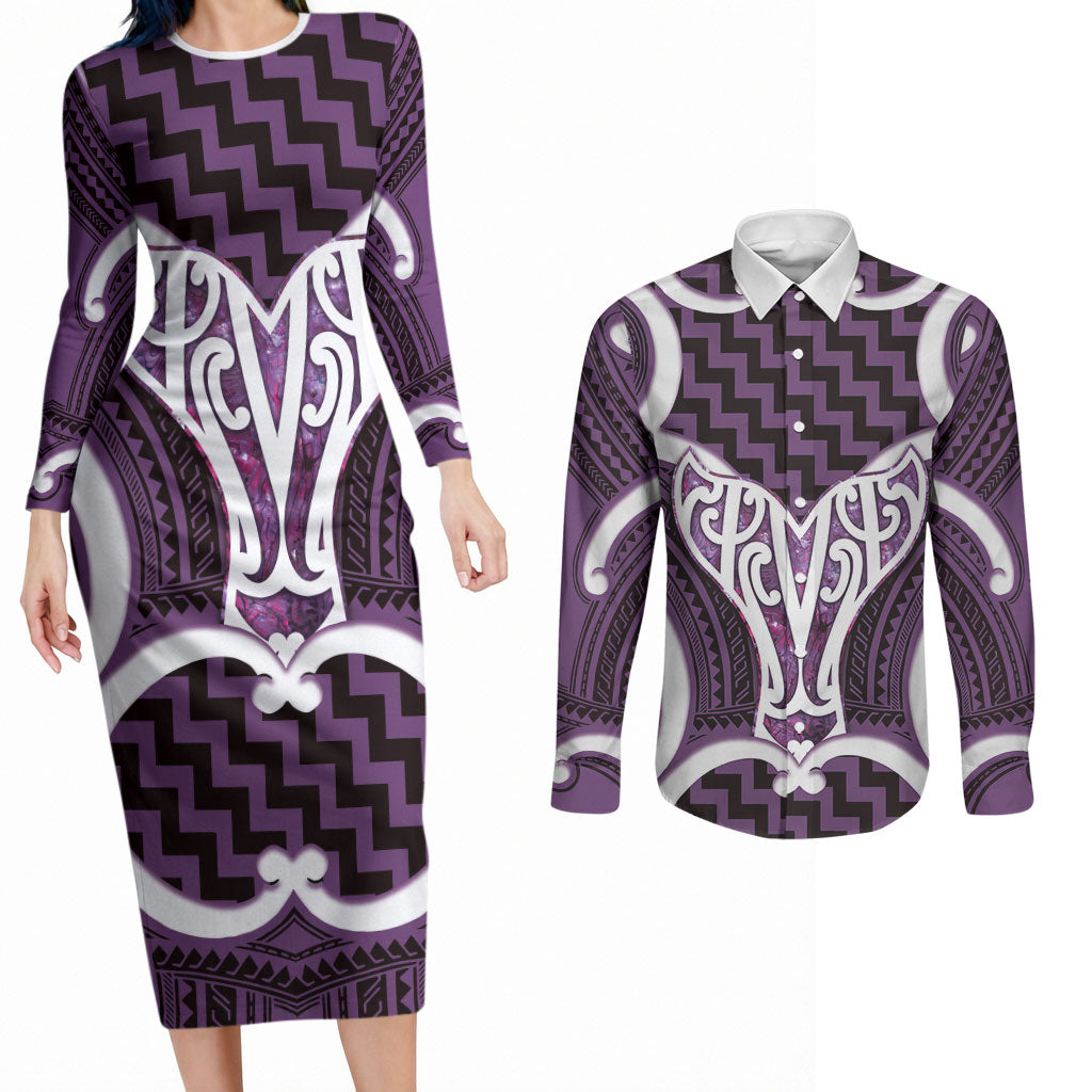 Aotearoa Atua Tangaroa Personalised Couples Matching Long Sleeve Bodycon Dress and Long Sleeve Button Shirt God Of The Sea Maori Whale Tail Purple