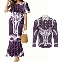 Aotearoa Atua Tangaroa Personalised Couples Matching Mermaid Dress and Long Sleeve Button Shirt God Of The Sea Maori Whale Tail Purple