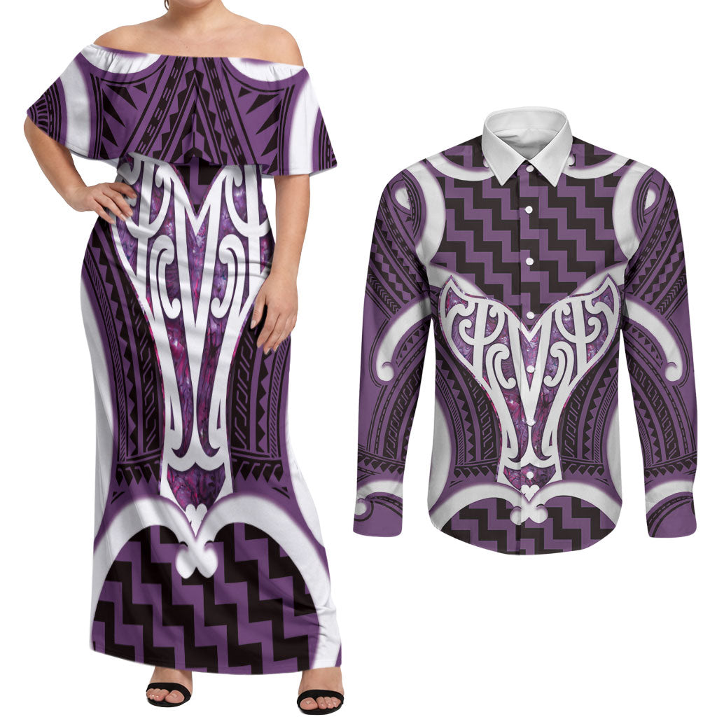Aotearoa Atua Tangaroa Personalised Couples Matching Off Shoulder Maxi Dress and Long Sleeve Button Shirt God Of The Sea Maori Whale Tail Purple