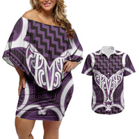 Aotearoa Atua Tangaroa Personalised Couples Matching Off Shoulder Short Dress and Hawaiian Shirt God Of The Sea Maori Whale Tail Purple