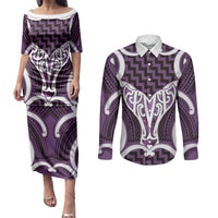 Aotearoa Atua Tangaroa Personalised Couples Matching Puletasi and Long Sleeve Button Shirt God Of The Sea Maori Whale Tail Purple