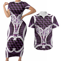 Aotearoa Atua Tangaroa Personalised Couples Matching Short Sleeve Bodycon Dress and Hawaiian Shirt God Of The Sea Maori Whale Tail Purple
