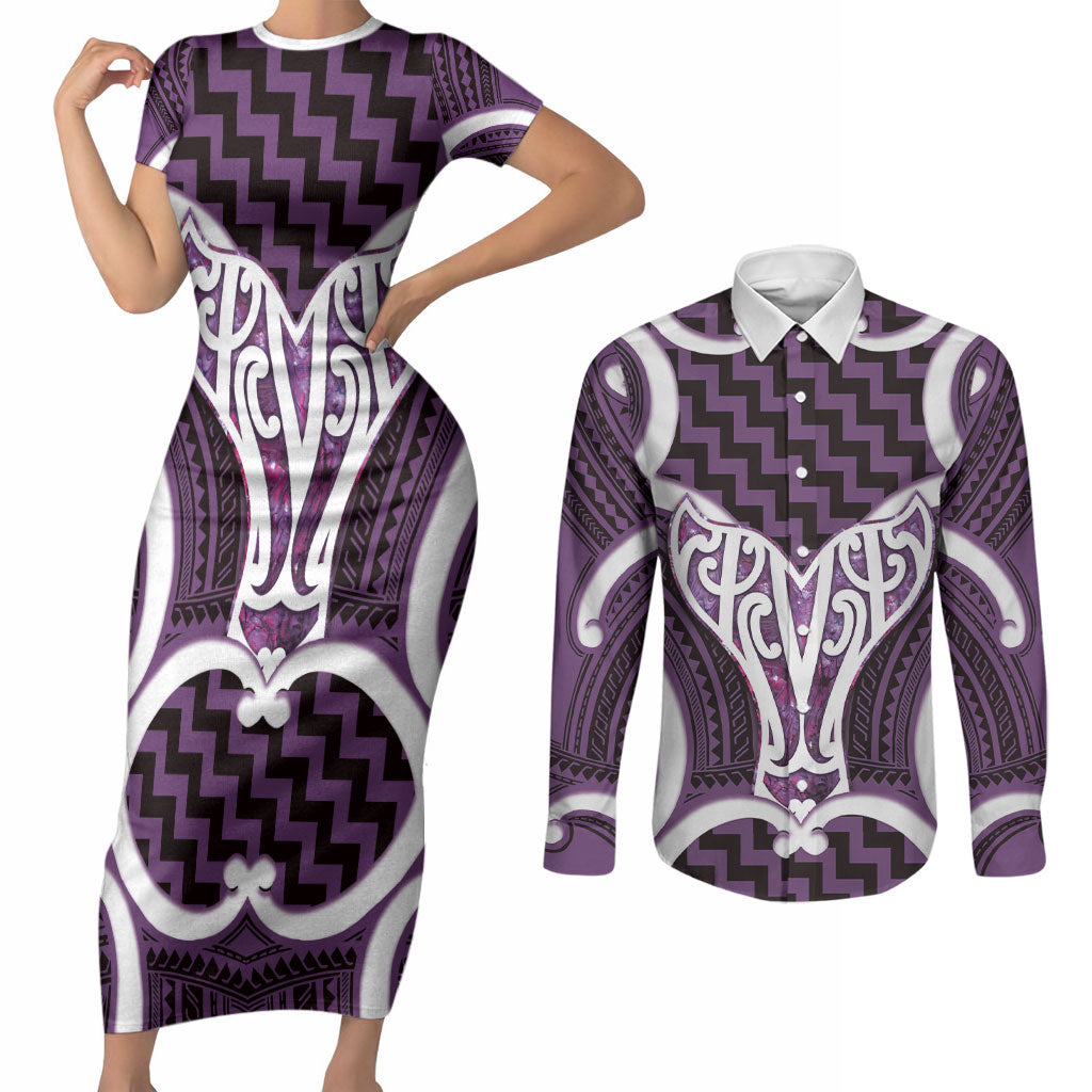 Aotearoa Atua Tangaroa Personalised Couples Matching Short Sleeve Bodycon Dress and Long Sleeve Button Shirt God Of The Sea Maori Whale Tail Purple